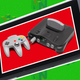 A Nintendo Switch floats above a green background of Nintendo 64 logos, displaying an N64 and its controller.